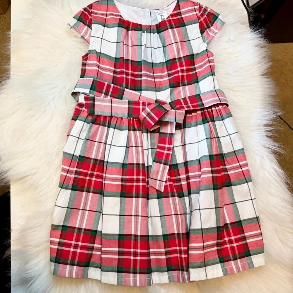 Carter’s Holiday Red Green White Plaid Dress  & Belt 3T NWOT Christmas Holidays